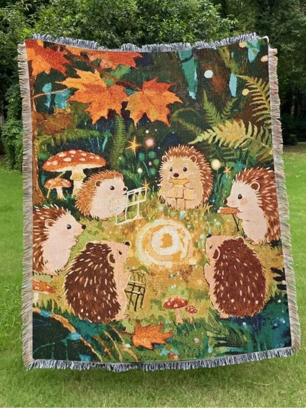 Cottagecore Hedgehog Campfire Throw Blanket Whimsical Forest Fringe Tapestry NWT